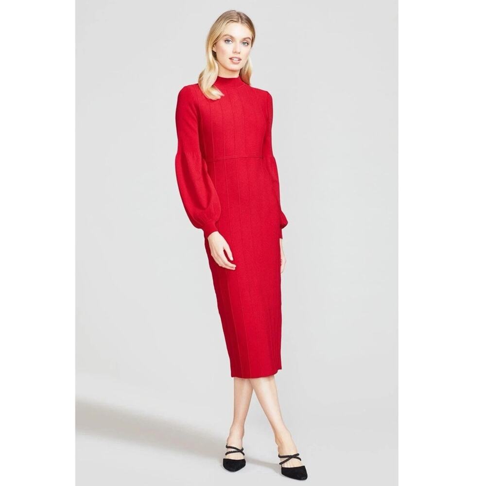 Lela Rose Knit Stretch Dress Mock Neck Lipstick Red